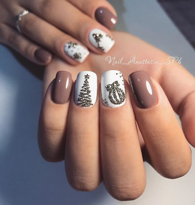 Зимний дизайн коричневых ногтей